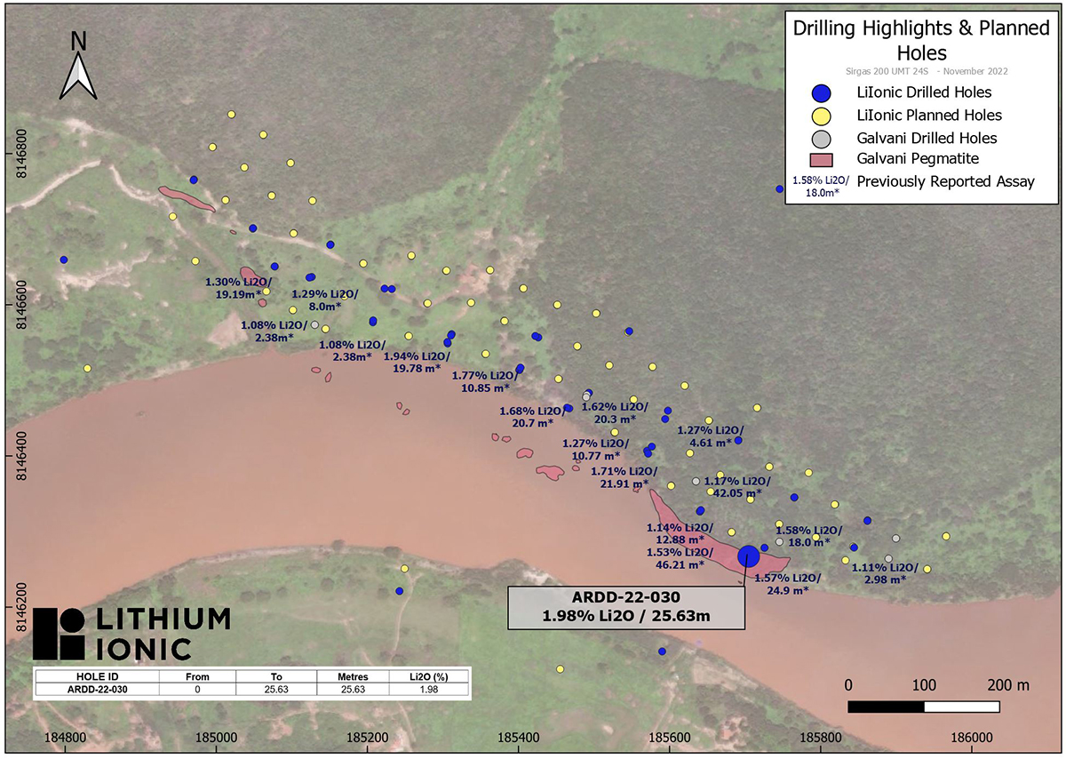 Figure 2: Galvani Pegmatite and Drill Hole Locations  