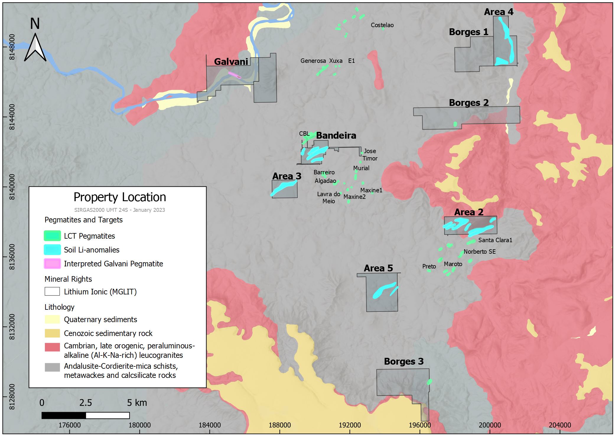 Lithium Ionic Claims Totalling ~3,600 ha Overlaid on Geology Map
